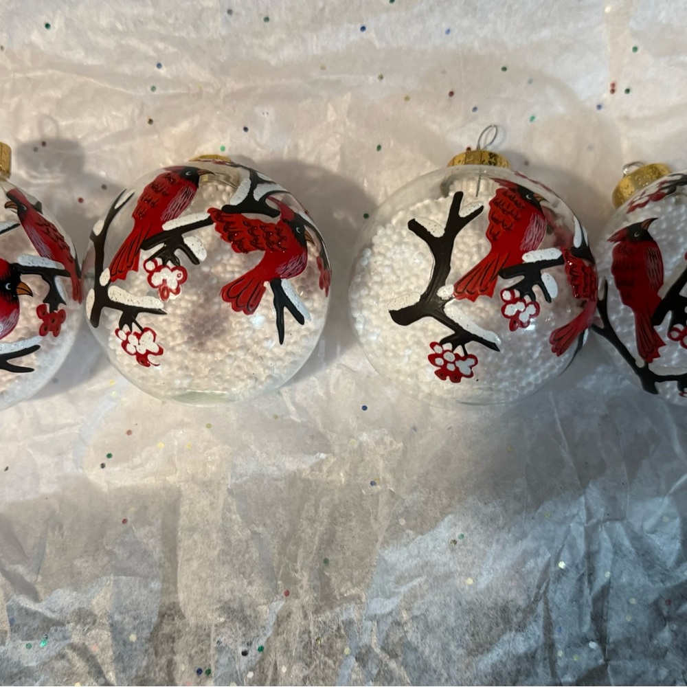Branch and Snow Filled Glass Ball with Cardinals Christmas Ornaments - set of 4